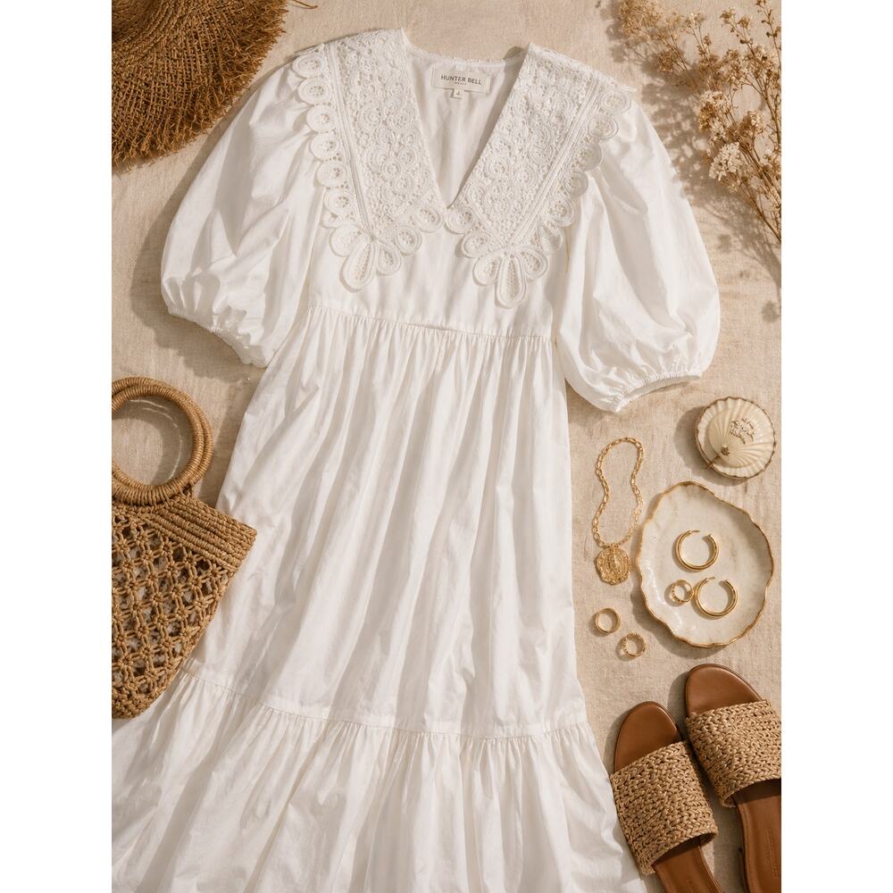 Hunter Bell Mercer Dress White Cotton Lace Collar Puff Sleeve Midi Maxi Dress L - Picture 4 of 13